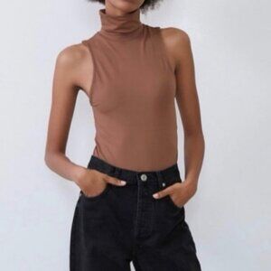 Zara Brown Sleeveless Turtleneck Stretch Bodysuit Women’s Size Small
